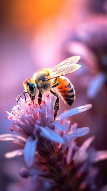 macro de abeja de miel con flor