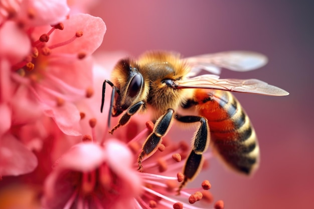 Macro de la abeja trabajadora recogiendo néctar de las flores creadas con AI generativa