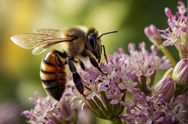 Macro abejas que recogen néctar de las flores