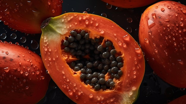 Macro AI generativa La mitad fresca del fondo de la fruta de papaya Foto exótica tropical de primer plano con gotas