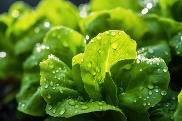 Macro alface cultivada em estufa com sistema de mangueira de irrigação por gotejamento