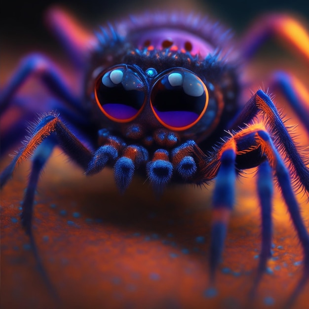Foto macro-aracnídeos assustadores rastejando de perto em foco colorida meia-noite