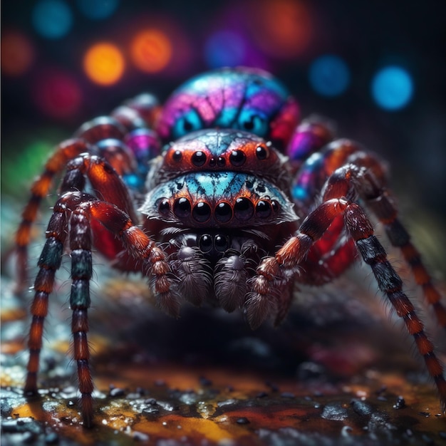 Macro-aracnídeos assustadores rastejando de perto em foco colorida meia-noite