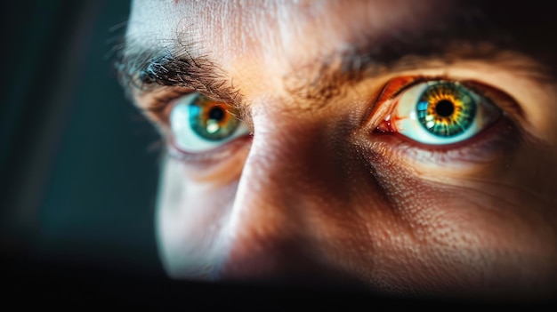 Macro-Augen Web-Surfer und der Büroarbeiter Versicherungsmakler Workaholic während der Arbeit im Büro abends Kontrolle und Sicherheit in den Zugängen Sicherheitskonzept der Internet-Web-Anwendung