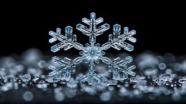 Macro captura impresionante de cristal de copo de nieve intrincadamente detallado en un fondo oscuro
