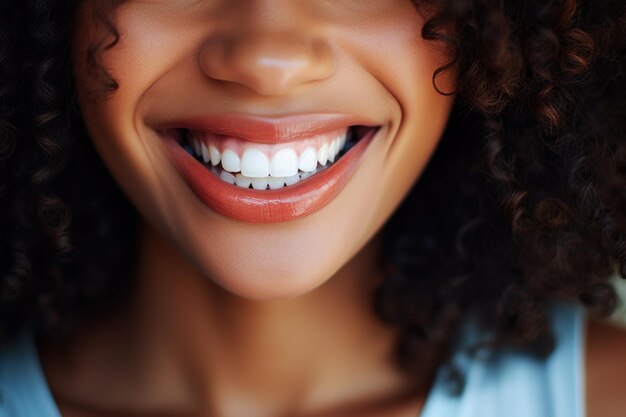 Macro close-up da boca feminina africana Boca aberta mostrando dentes brancos perfeitos