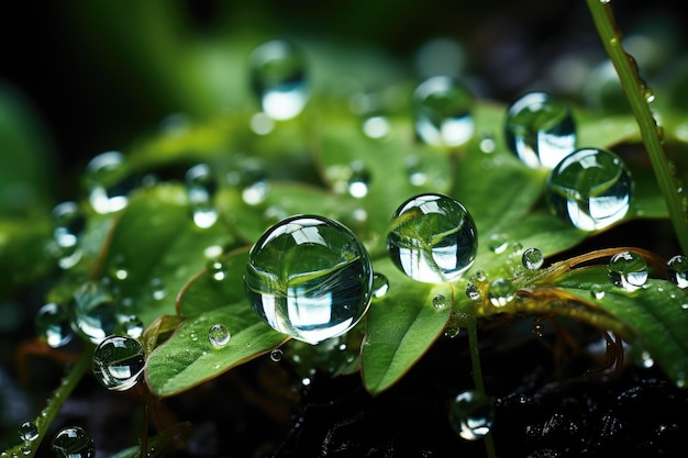 macro close-up de gota de chuva brilhante em fotografia publicitária profissional de floresta realista