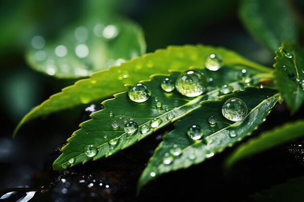 macro close-up de gota de chuva brilhante em fotografia publicitária profissional de floresta realista