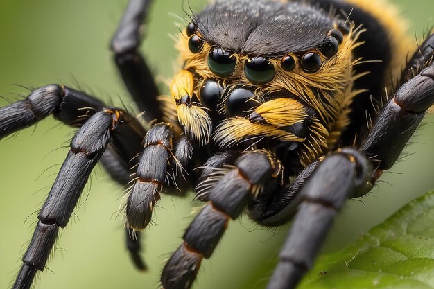 Foto macro closeup de uma aranha negra e amarela peluda uma visão dos amantes da natureza da aracnofobia