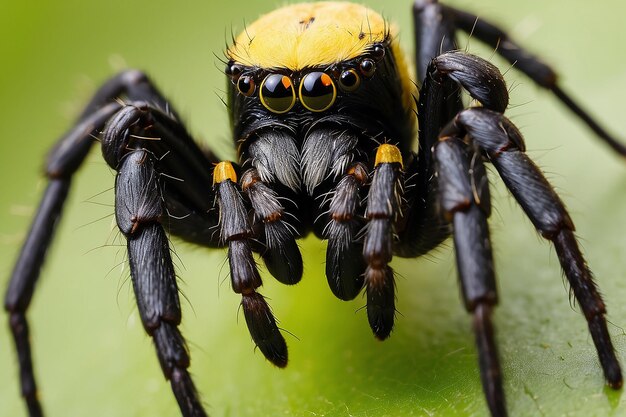 Foto macro closeup de uma aranha negra e amarela peluda uma visão dos amantes da natureza da aracnofobia