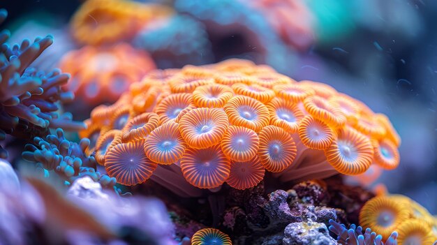 Foto macro coral explorar las estructuras intrincadas y colores vibrantes de los arrecifes de coral ai generados