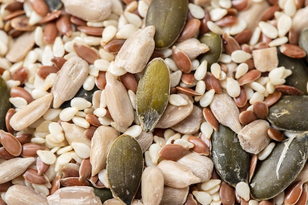 Foto macro de abóbora, girassóis e outras sementes