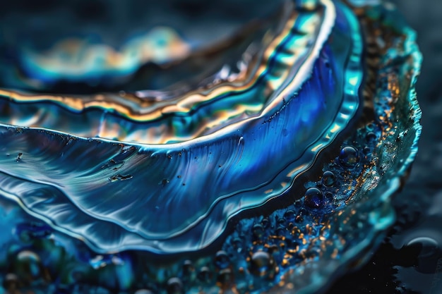 Macro de alta magnificação da concha de pérola de abalone azul com camadas iridescentes vívidas