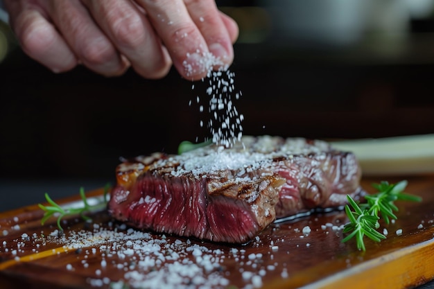 Foto macro de chefs a espalhar sal marinho no bife