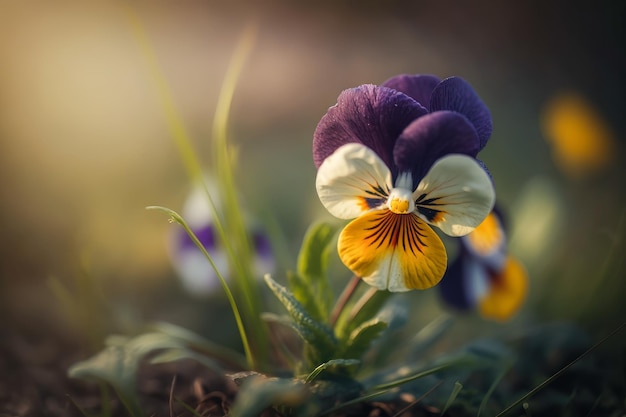 Macro de flor de amor-perfeito roxo e amarelo Creative AI