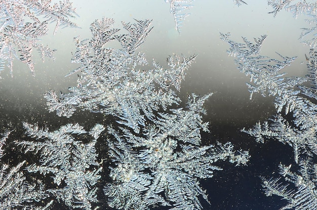 Macro de geada de flocos de neve geada no painel de vidro da janela