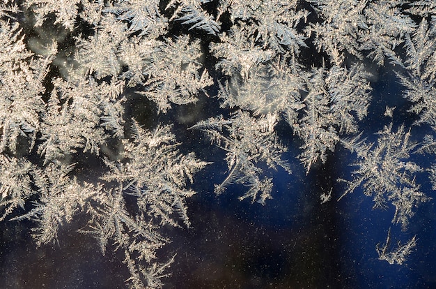 Macro de geada de flocos de neve geada no painel de vidro da janela
