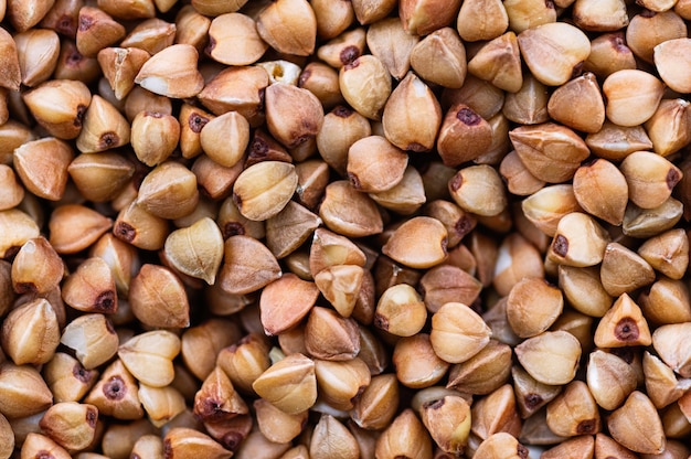 Foto macro de grumos de trigo sarraceno. nutrição saudável, dieta.