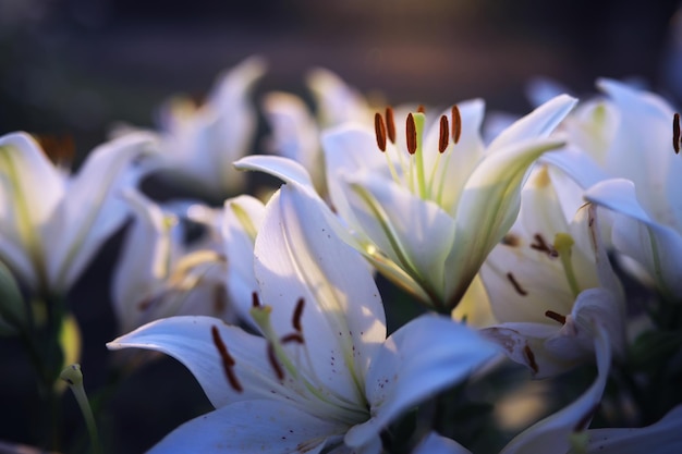 Macro de plantas e flores detalhe de pétalas e folhas ao pôr do sol fundo natural da natureza