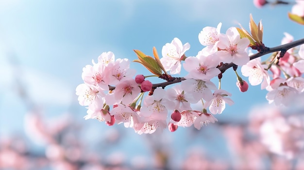 Foto macro de ramos de cerejeira em flor com foco suave