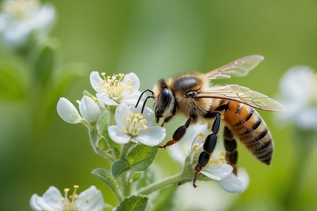 Foto macro de uma abelha melíferas apis em uma flor de menta piperita com fundo bokeh desfocado livre de pesticidas