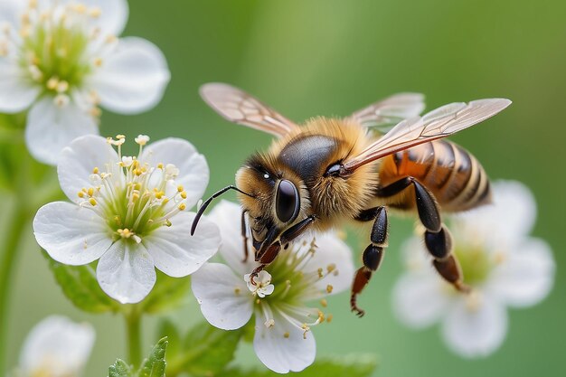 Foto macro de uma abelha melíferas apis em uma flor de menta piperita com fundo bokeh desfocado livre de pesticidas