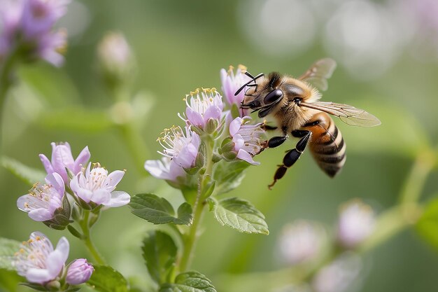 Foto macro de uma abelha melíferas apis em uma flor de menta piperita com fundo bokeh desfocado livre de pesticidas