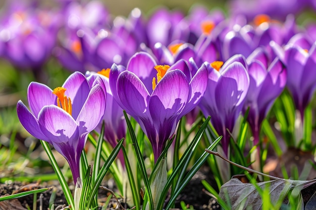 Macro de uma flor de crocus vernus roxa fechada