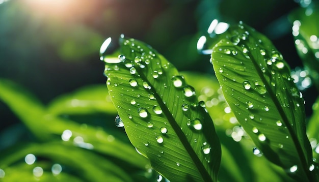 Un macro disparo de gotas de agua en las hojas