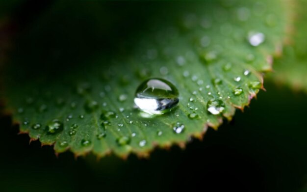 Macro disparo de hoja cubierta de gotas de agua