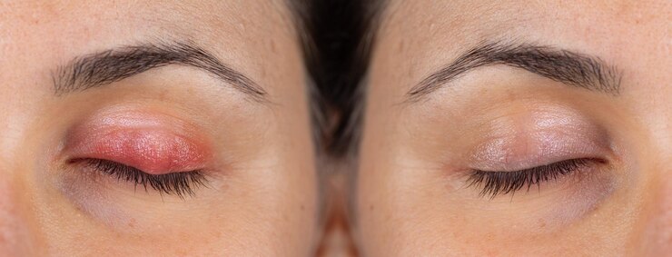Foto macro do olho de uma mulher com pálpebra inchada e inflamada, sintomas de blefarite