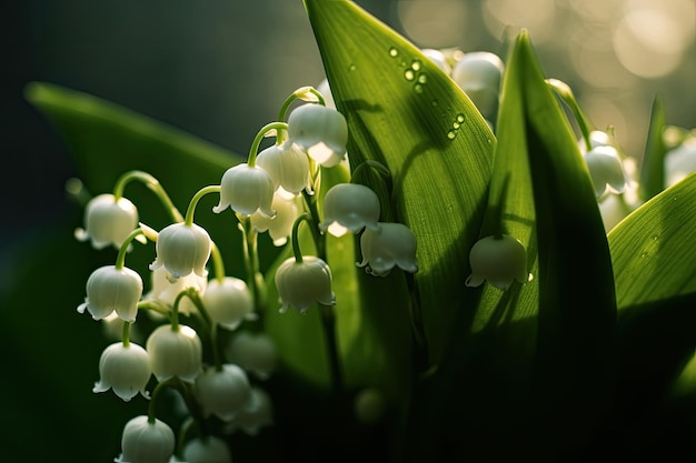 Macro de ensueño de flores de lirio de los valles iluminadas suavemente por la luz del sol suave