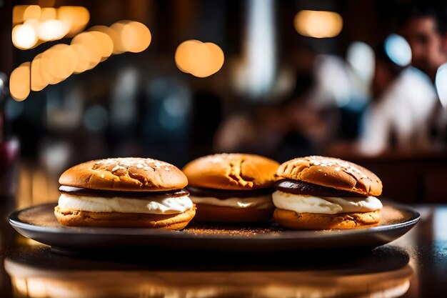 Foto macro es todo sobre whoopie pies y hay un encantador restaurante en el fondo generado por ia