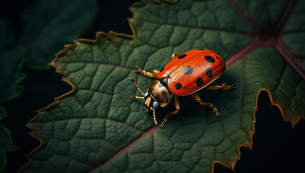 Foto macro escarabajo rojo manchas negras en la hoja insecto en la naturaleza imagen de primer plano de la vida silvestre natural