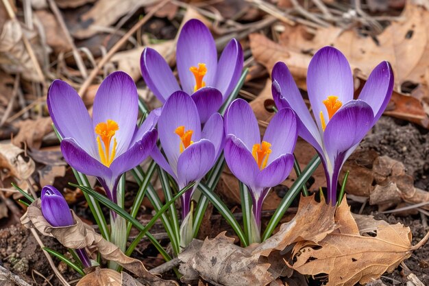 Foto macro de una flor de crocus vernus púrpura cerrada