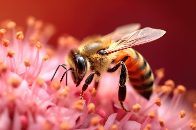 Macro foto de abeja recogiendo polen de flores vibrantes