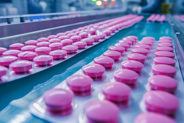 Macro foto de pílulas cor-de-rosa durante o processo de produção e embalagem em uma fábrica farmacêutica moderna