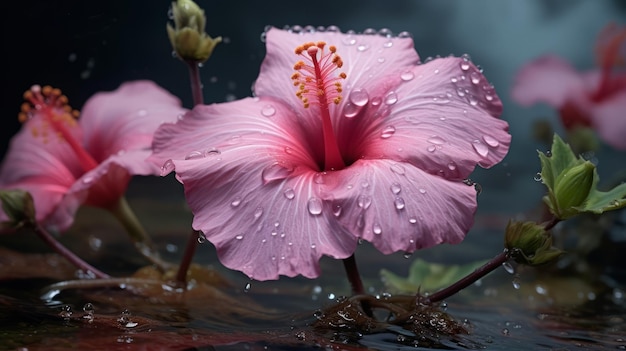 Macro fotorrealista de hibisco rosa en el agua con gotas de lluvia