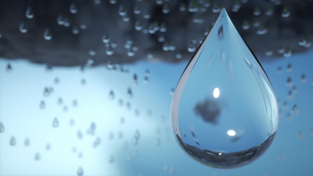 Macro de una gota de agua que cae de las nubes durante la tormenta. Render 3D.