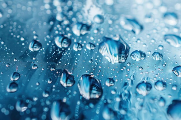 Macro gotas de agua en el panorama azul claro del agua potable