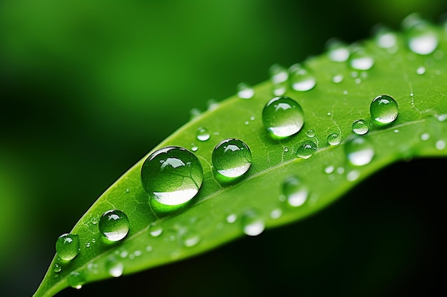 Macro grande orvalho ou gotas de chuva em uma folha verde fechada Floresta de verão no brilho matinal no dia do sol
