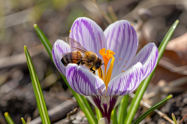 Foto macro de una hermosa flor púrpura de crocus vernus con una abeja