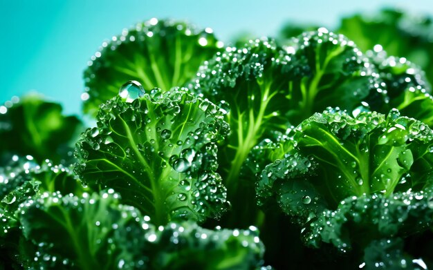 Macro de las hojas de col verde con gotas de agua