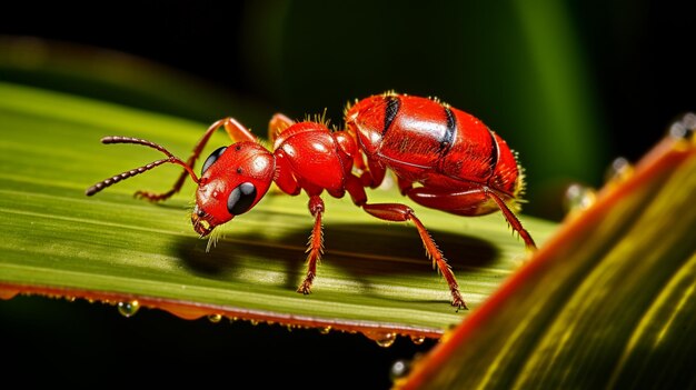 Macro hormigas rojas sentadas con hojas de fondo verde imagen de arte generada por Ai