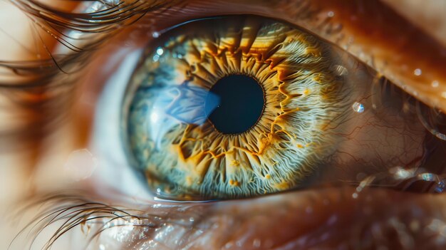 Un macro intrincados patrones y texturas de un iris humano con un enfoque en la profundidad y la belleza del ojo
