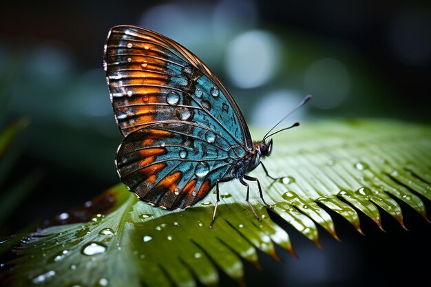 Macro mariposa de colores en la hoja