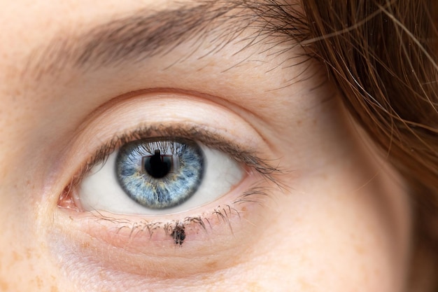 Macro de un ojo azul de niña caucásica con una lágrima negra dibujada con maquillaje