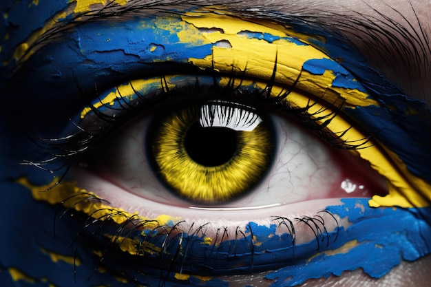 Macro de un ojo llorando en los colores de la bandera ucraniana