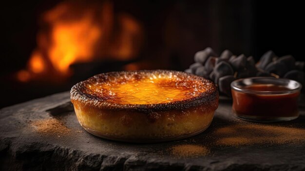 Macro Photo Creme Brulee On Stone Rustic Pub Generative AI