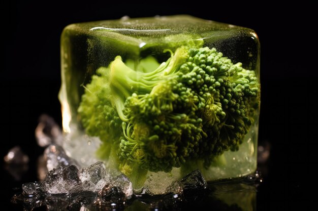 Macro Photo One Brócoli en un cubo de hielo IA generativa